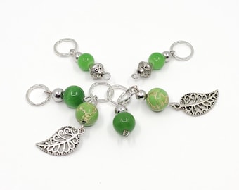 Green leaf themed glass and semi-precious stone bead knitting stitch markers, set of 6.