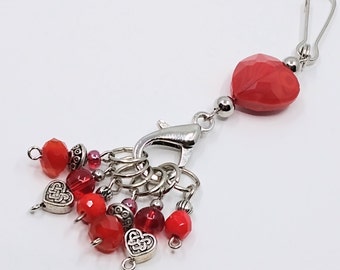 Red, heart-shaped glass bead bag charm, featuring 6 red glass bead stitch markers