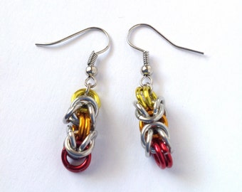 Red/orange/yellow Byzantine Weave chainmaille earrings. Aluminium and lightweight.