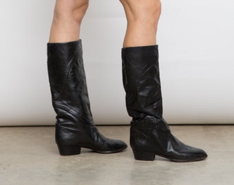 70s Vintage Riding Mima Boots, EU 37.5 / US 7 / UK 4.5 Tall Black Shoes, Flat Boots, Genuine Leather Shoes,