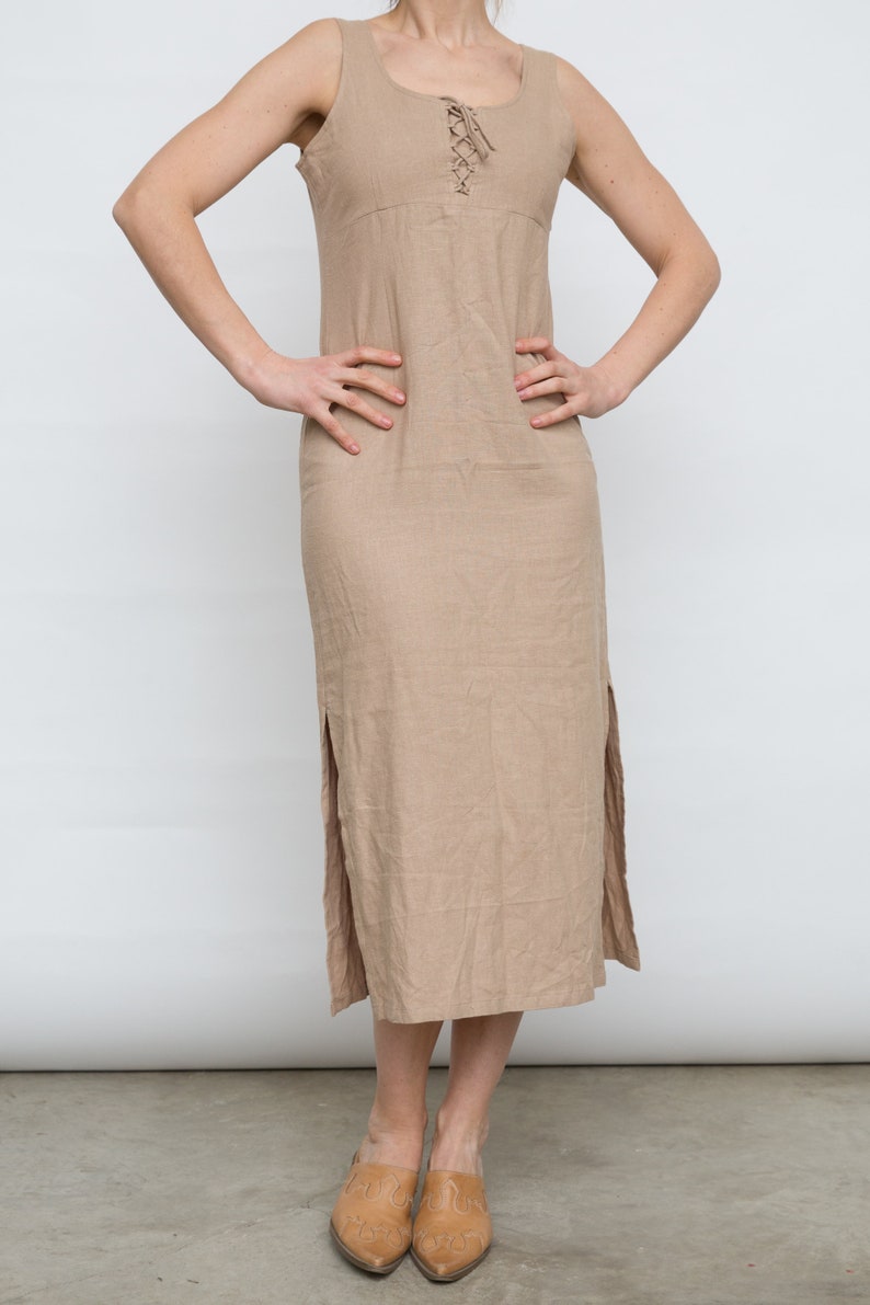 Beige Maxi Gown Full Length Dress Medium Size Dress Alize Diffusion Dress 90s Linen Dres Vintage Sleeveles Dress