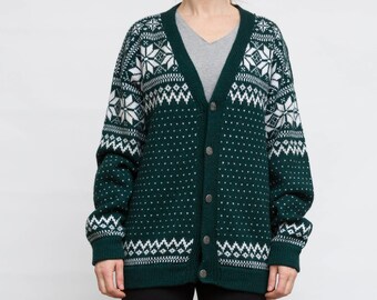 Vintage Wool Cardigan, Green Oversized Sweater, 90's Nordic Sweater, Size XL, Extra Large Knit Cardi, Chunky Knits