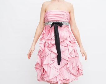 Pink Prom Dress, Vintage Shiny Dress, Small Size Dress, Mini Evening Gown, Retro Fuchsia Dress, Strapless Mini Dress, Formal Mini Dress