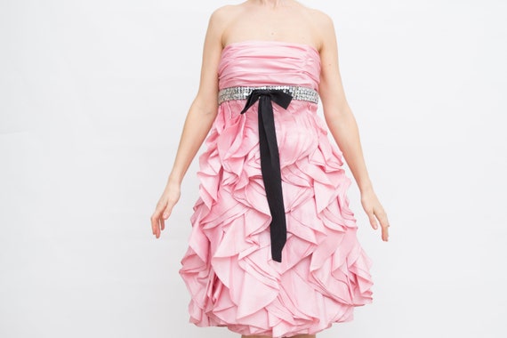 Pink Prom Dress, Vintage Shiny Dress, Small Size Dress, Mini Evening Gown, Retro Fuchsia Dress, Strapless Mini Dress, Formal Mini Dress
