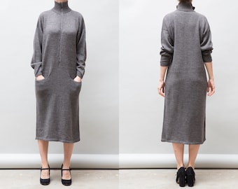 Robe knitted gris vintage, robe d’hiver moyenne grande, robe d’hiver en laine chaude, robe Stretchy Turtleneck