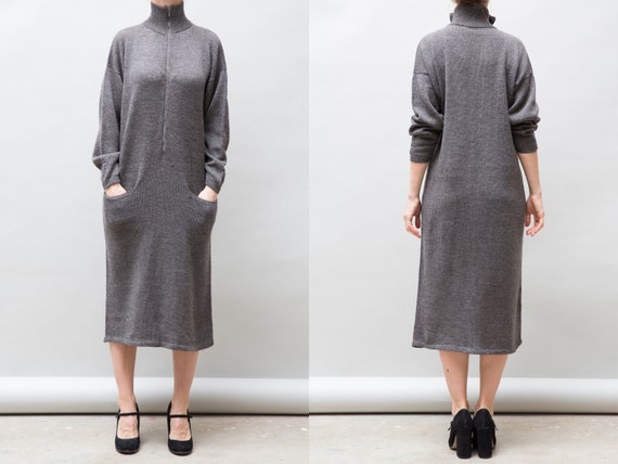 Vintage Grey Knitted Dress, Medium Large Winter Dr