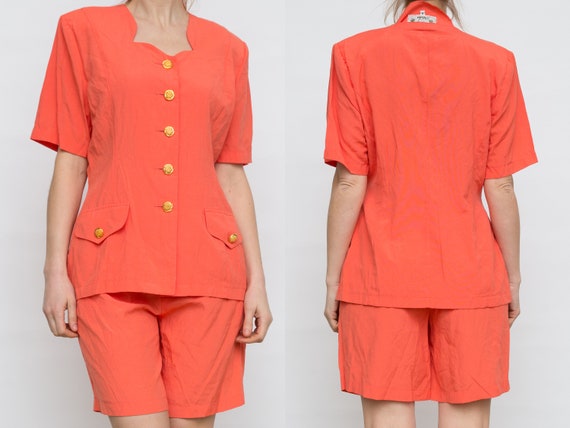 90s Peach Pink Suit, Vintage Shorts Suit, Shorts J