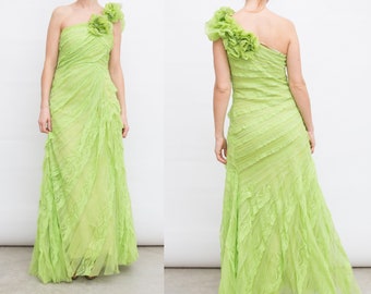 Vintage Prom Salad Green Lace Gown / Green One Shoulder Floor Length Dress with Ruffles / Medium Size
