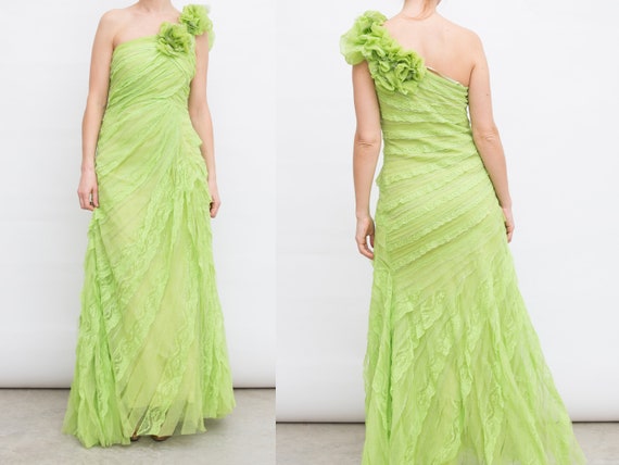 Vintage Prom Salad Green Lace Gown Green One Shoulder Floor Etsy