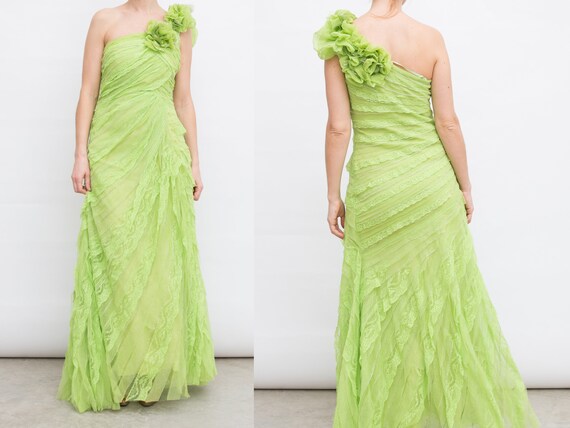 Vintage Prom Salad Green Lace Gown Green One Shoulder Floor Etsy