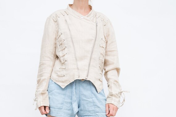 Vintage Beige Pure Linen Crop Jacket, Large Size J