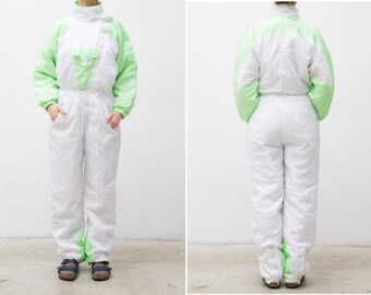 Vintage White Ski Neon Wear, Onepiece Snow Suit, Size 40 UK 12, Medium Snowboarding Clothing, Snow Overalls, Neon Ski Suit