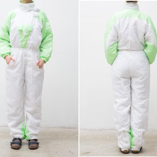 Vintage White Ski Neon Wear, Onepiece Snow Suit, Size 40 UK 12, Medium Snowboarding Clothing, Snow Overalls, Neon Ski Suit