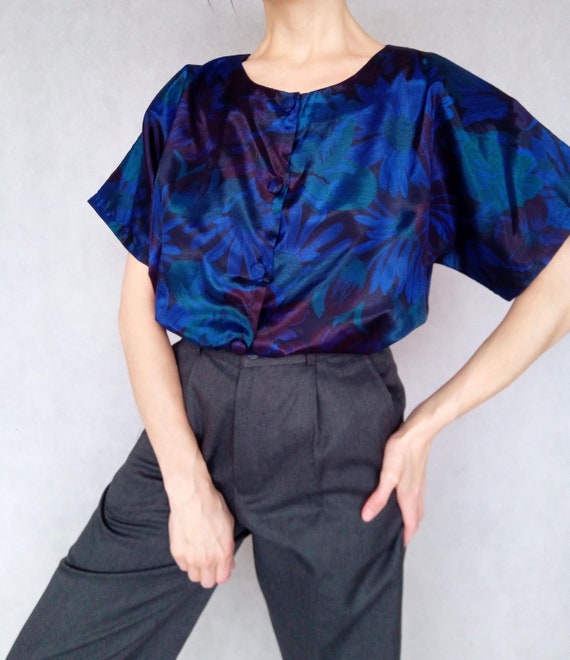 Vintage Dark Floral Blue Silk Champagne Shirt, Lar