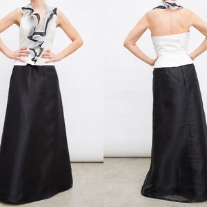 Vintage Evening Long Skirt and Blouse Suit / Evening Gown with Ruffles / Black and White Evening Dress / Halter Top Evening image 1