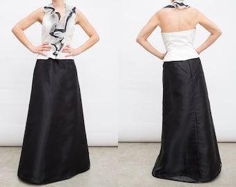 Vintage Evening Long Skirt and Blouse Suit / Evening Gown with Ruffles / Black and White Evening Dress / Halter Top Evening