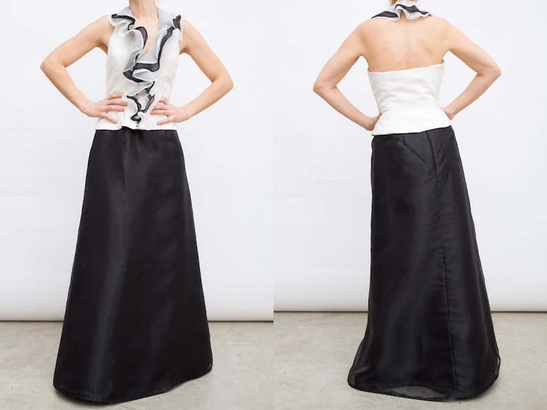 Vintage Evening Long Skirt and Blouse Suit / Evening Gown with Ruffles / Black and White Evening Dress / Halter Top Evening image 1