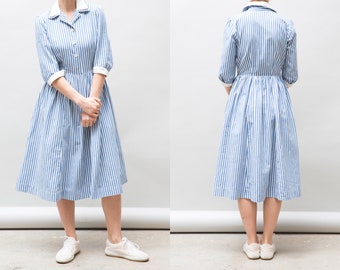 Vintage Cotton Maid Dress, Medium Blue Striped Dress, Midi Woman Gown, Boho dress
