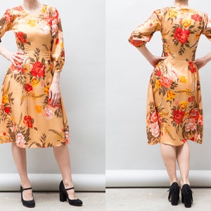 Vintage Floral Dress, Tan Brown Medium Small Dress, Long Sleeve Summer Midi Dress