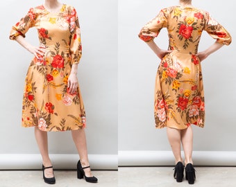 Vintage Floral Dress, Tan Brown Medium Small Dress, Long Sleeve Summer Midi Dress