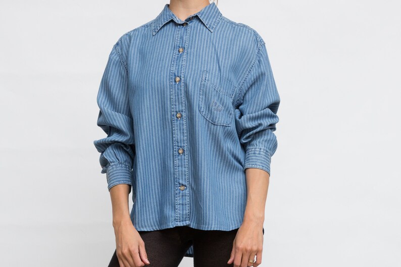 Medium Size Shirt Button Down Shirt Lyocell Blue Shirt 90s JOOP Blue Designer Shirt Striped Summer Shirt Long Sleeve Blouse
