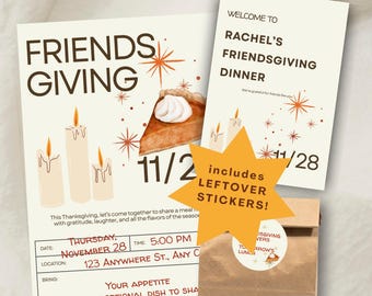 May include: A Friendsgiving bundle with invitations, a welcome card, and a paper bag with a sticker. The invitations have a pie graphic and candle illustrations. The welcome card says "Rachel's Friendsgiving Dinner".