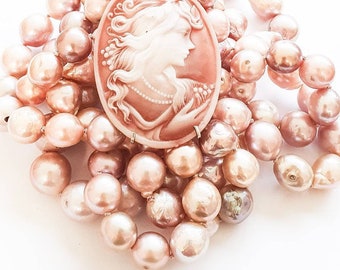 Multi Row Pink Pearl and Cameo Necklace