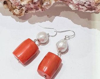 Bamboo Coral and Pearl Earrings