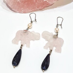 Rose Quartz, Onyx and Freshwater Pearl Elephant Earrings