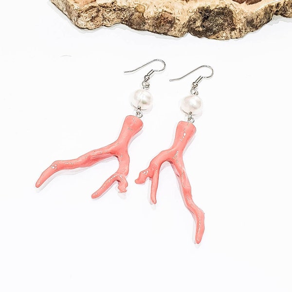 Perle d’eau douce et résine Coral Branch Boucles d’oreilles