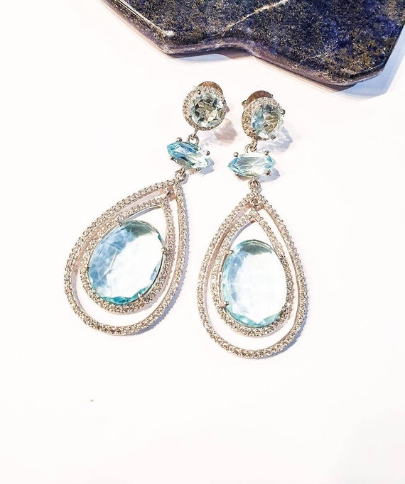 Jewellery Earrings Chandelier Earrings 925 Silver and Blue Topaz Statement Earrings 