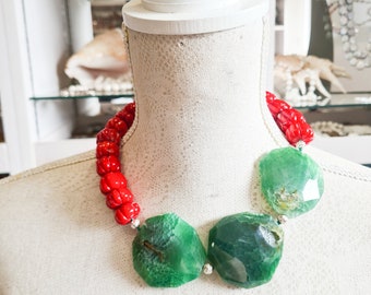 Bamboo Coral and Green Agate Chunky Necklace