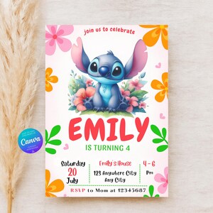 Stitch Birthday Invitation for Kids | Editable Canva Party Template | Digital Instant Download | Printable Bday Card