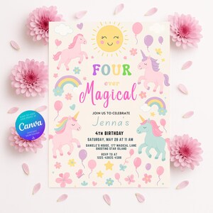 Invitation licorne 4e anniversaire - modèle de fête fille arc-en-ciel modifiable - invitation magique pastel - téléchargement immédiat
