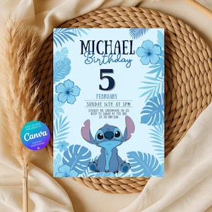 Editable Stitch Birthday Invitation - Blue Tropical Party Digital Invite for Boy - Mobile Printable Template