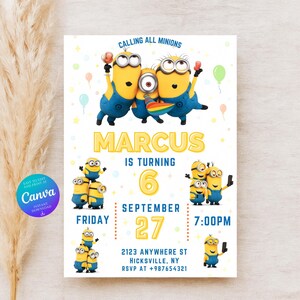Invitación de cumpleaños editable de Minions, plantilla para fiesta infantil, invitación digital de Minions para niños o niñas, tarjeta de cumpleaños imprimible