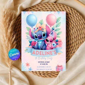 Modello modificabile per invito di compleanno a tema Stitch - Invito alla festa di Lilo e Stitch per bambini, tema Aloha, design stampabile su Canva