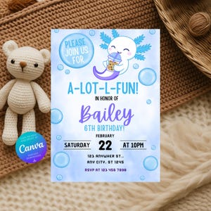 Convite de aniversário editável com axolote azul, modelo de convite para festa infantil, download instantâneo de cartão de aniversário divertido com axolote para meninas
