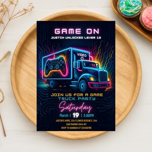 Bearbeitbare Videospiel-Geburtstagseinladung - Gamer Truck Party einladen - Sofortiger digitaler Download - Druckbare Geburtstagskarte