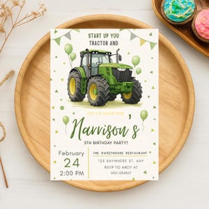 Invito di compleanno modificabile a tema trattore verde - Invito per festa con veicoli agricoli - Biglietto di auguri digitale stampabile per bambini