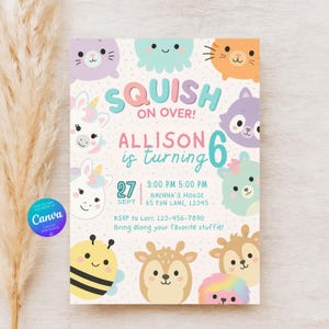 Squishmallow bearbeitbare Einladung | Bearbeitbare Canva Vorlage | Niedliche Kuscheltier-Party einladen | Druckbare digitale Datei