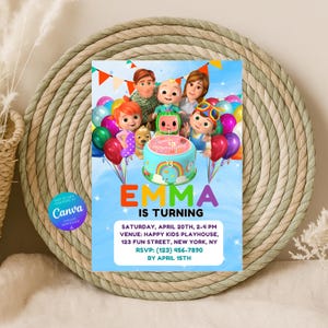 Convite para festa de bebê e criança pequena | Modelo divertido de desenho animado do Canva | Cartão de aniversário infantil editável | Download para impressão instantânea