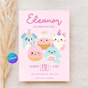 Convite para Festa de Squishmallows Personalizável para Meninas | Modelo Editável do Canva | Cartão de Aniversário de Bichinho de Pelúcia para Imprimir | Download Digital