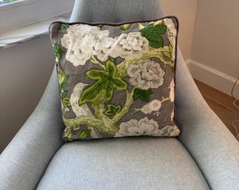 Vintage custom-made Schumacher 20 inch pillow cover in linen in Bermuda Blossoms in slate. 2 available. Cover Only.