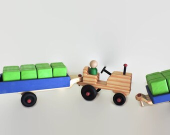 Wooden toy tractor, wooden toy Trailor, wooden toy toddler tractor, peg dolls, wooden farm tractor