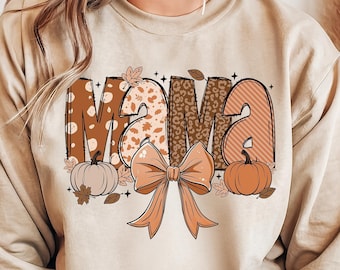 Fall Mama Coquette Pumpkin Sweatshirt, Boho Retro Fall Vibes Sweater, Holiday Season Crewneck Cozy Shirt, Mom Mama Fall Gifts for Her, gigi