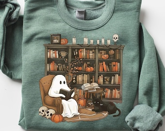 Halloween Ghost Book Reading Sweatshirt, Retro Bookish Halloween Sweater, Boo Ghost School Shirt, Spooky Season Pullover, Fall Gifts, gigi