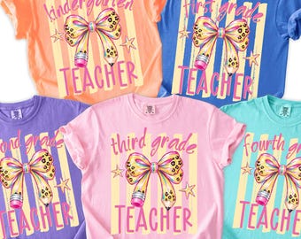 Camiseta para maestros de regreso a clases, camiseta para maestros de nivel de grado, camiseta para el primer día de clases, camiseta para maestros de jardín de infantes, conjunto para maestros con lazo de lápiz