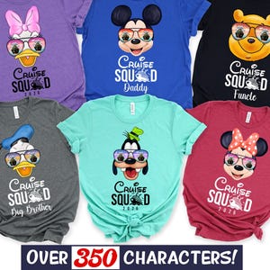 May include: Six t-shirts in purple, blue, black, dark gray, teal, and red, each featuring a cartoon character wearing sunglasses with a cruise ship reflection. Text reads Cruise Squad with labels like Daddy, Funcle, and Big Brother, plus 2026.