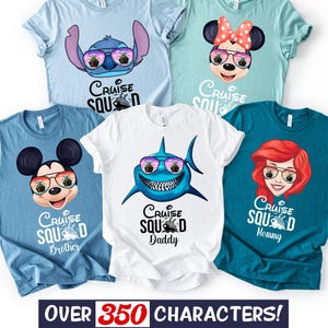 May include: Five t-shirts in light blue, mint green, medium blue, white, and teal featuring cartoon characters wearing sunglasses with cruise ship reflections. Each shirt displays the text Cruise Squad, with specific labels like Brother, Daddy, and Mommy.